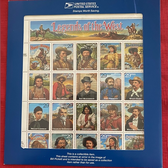 USPS #2870 1994 29c Legends Of The West Stamp Sheet (Bill Pickett Error) - Picture 3 of 5